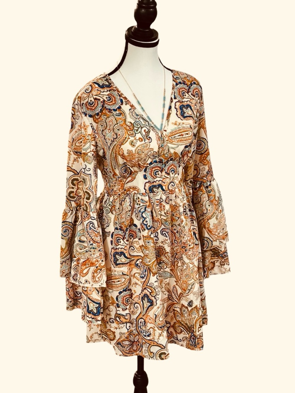 Women’s Boho Paisley Button Front Dress with Bell Flutter Sleeves - Small, New